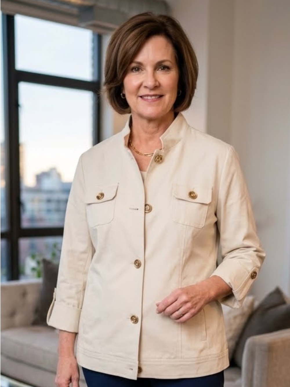Women's Cream Utility Jacket with Button-Flap Pockets